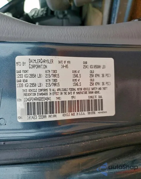 2006 Dodge Grand Caravan Se z USA, uszkodzony, nr VIN 1D4GP24RX6B554841